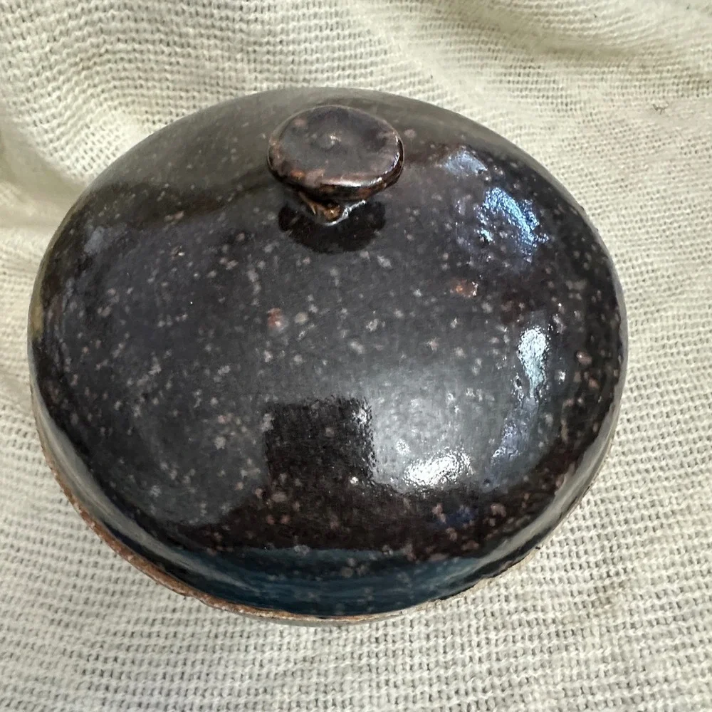 Vintage Asian Brown Glaze Stoneware Lidded Pot Jar Dark Wabi Sabi Japandi 6.5